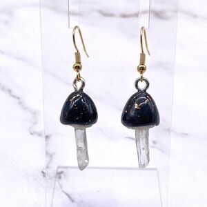 Black Mushroom Quartz Crystal Dangle wire hook polymer Clay Earrings